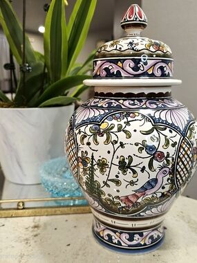 Hand-Painted Ceramic Ginger Jar with Bird Portugal Lidded Jar Decorative Storage